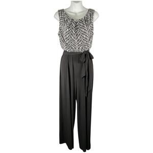 ROZ& Ali Black White Sleeveless Jumpsuit W/ Tie Waist Elegant Wide Leg Size 10P